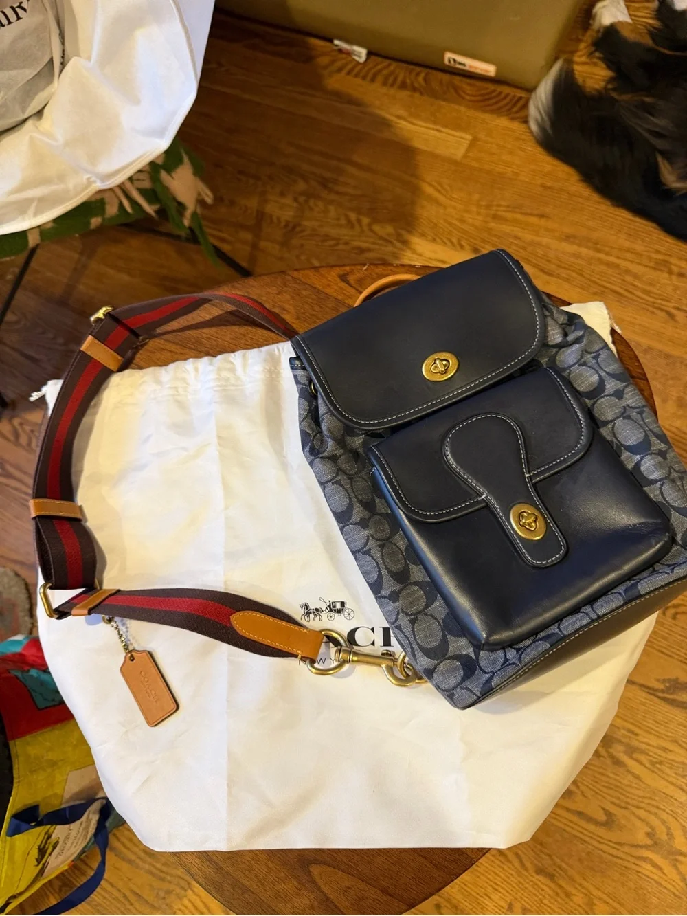 Coach Navy Signature Canvas and Leather Crossbody with Red-Trim Strap